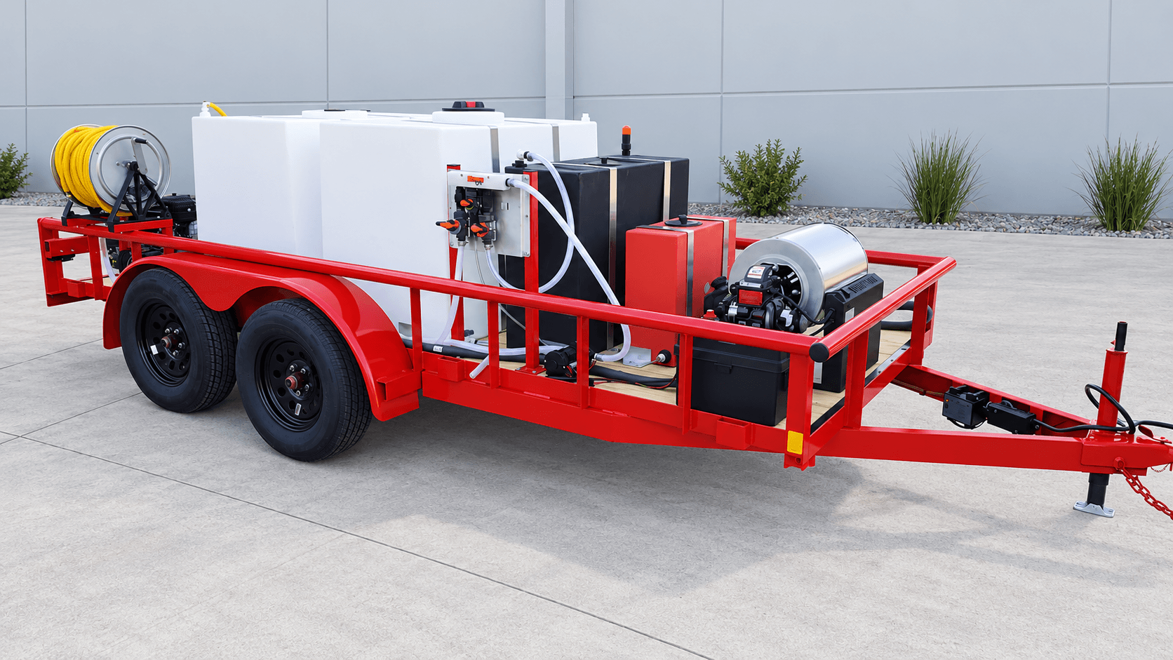 Red soft-wash trailer with white and black tanks, yellow hose reel and stainless hot-water unit
